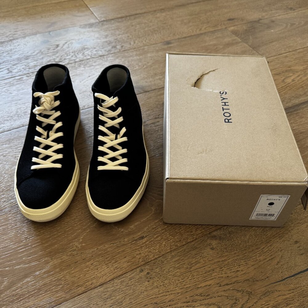 Rothy's The Men's High Top Sneaker Black White Sole Size 12 NWT Sold Out $149